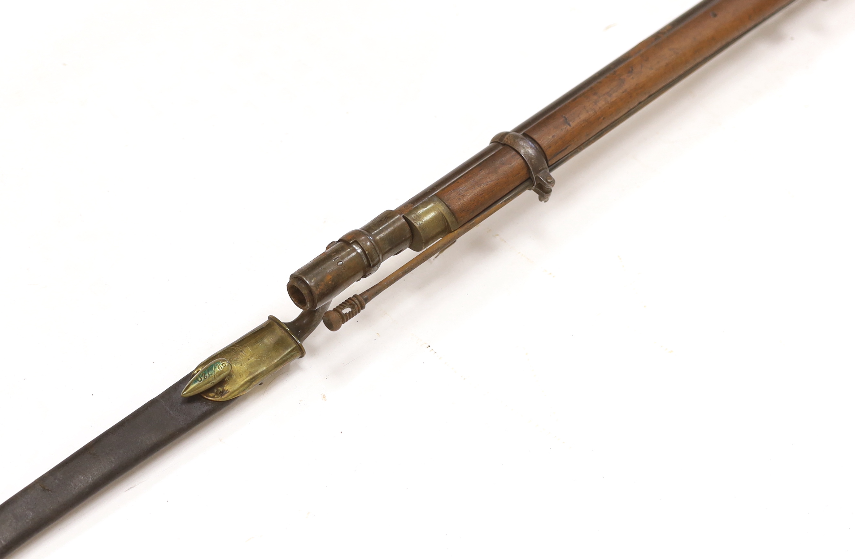A .577 inch three band Enfield Military percussion rifle, lock stamped Tower 1868 with crown entail